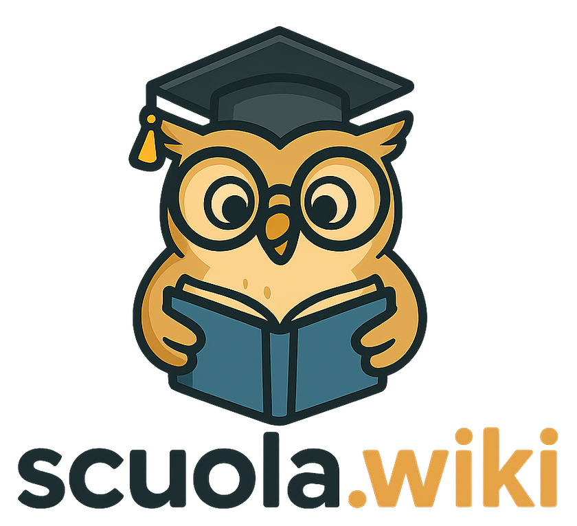 scuola.wiki Logo di scuola.wiki con un gufo cartoon che indossa un tocco da laurea e grandi occhiali, mentre tiene aperto un libro blu. Sotto l’illustrazione compare la scritta “scuola.wiki”.